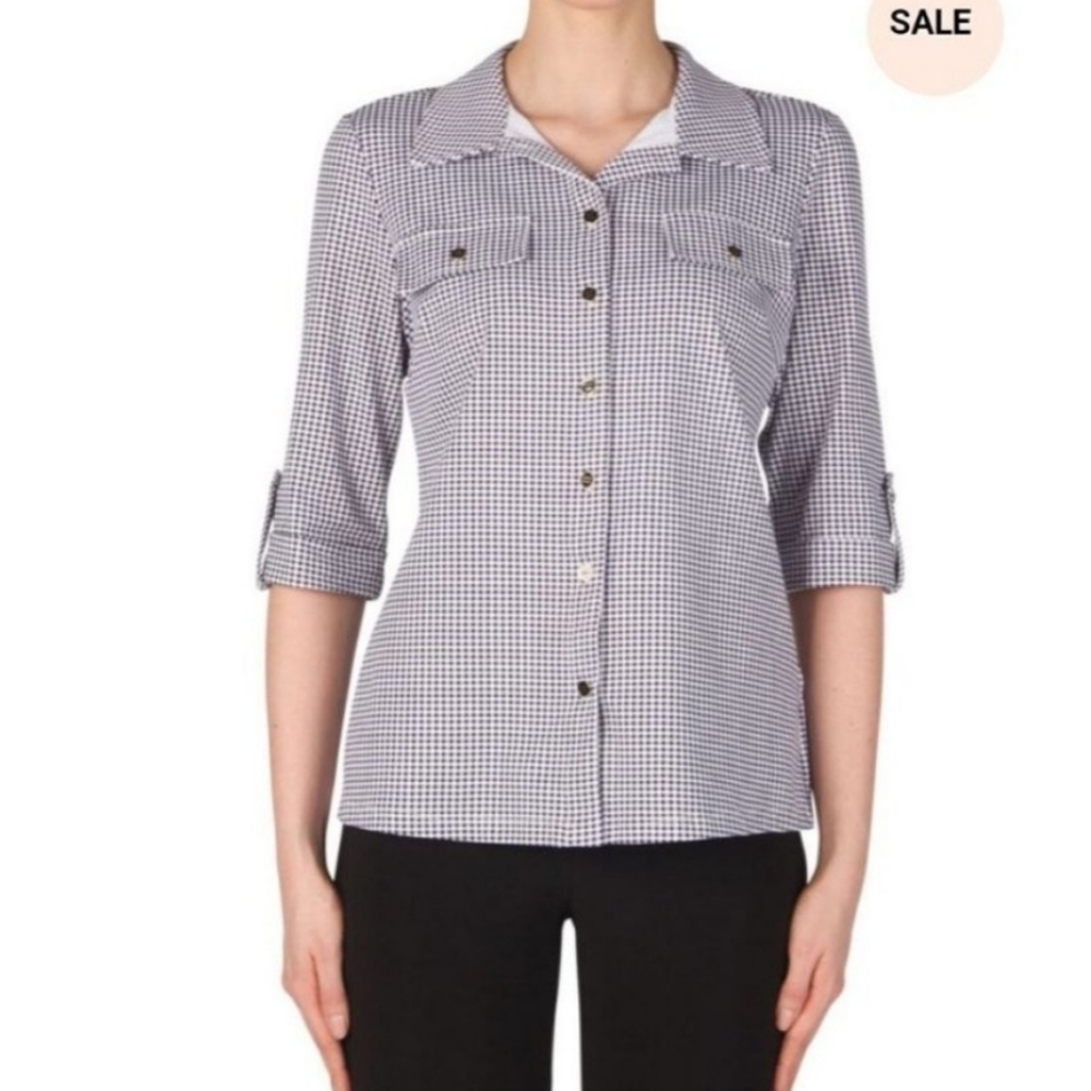 Joseph Ribkoff Classy Black White Checkered Button-Up Blouse size 2